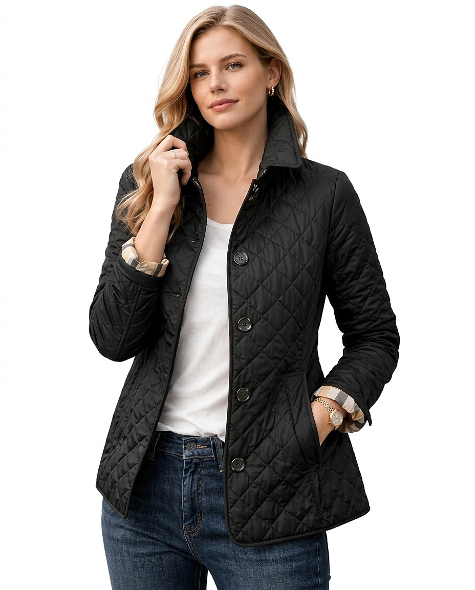 Damen-Steppjacke mit Knopfleiste und Karomuster-Manschetten-Jacket for women-Alpenkind