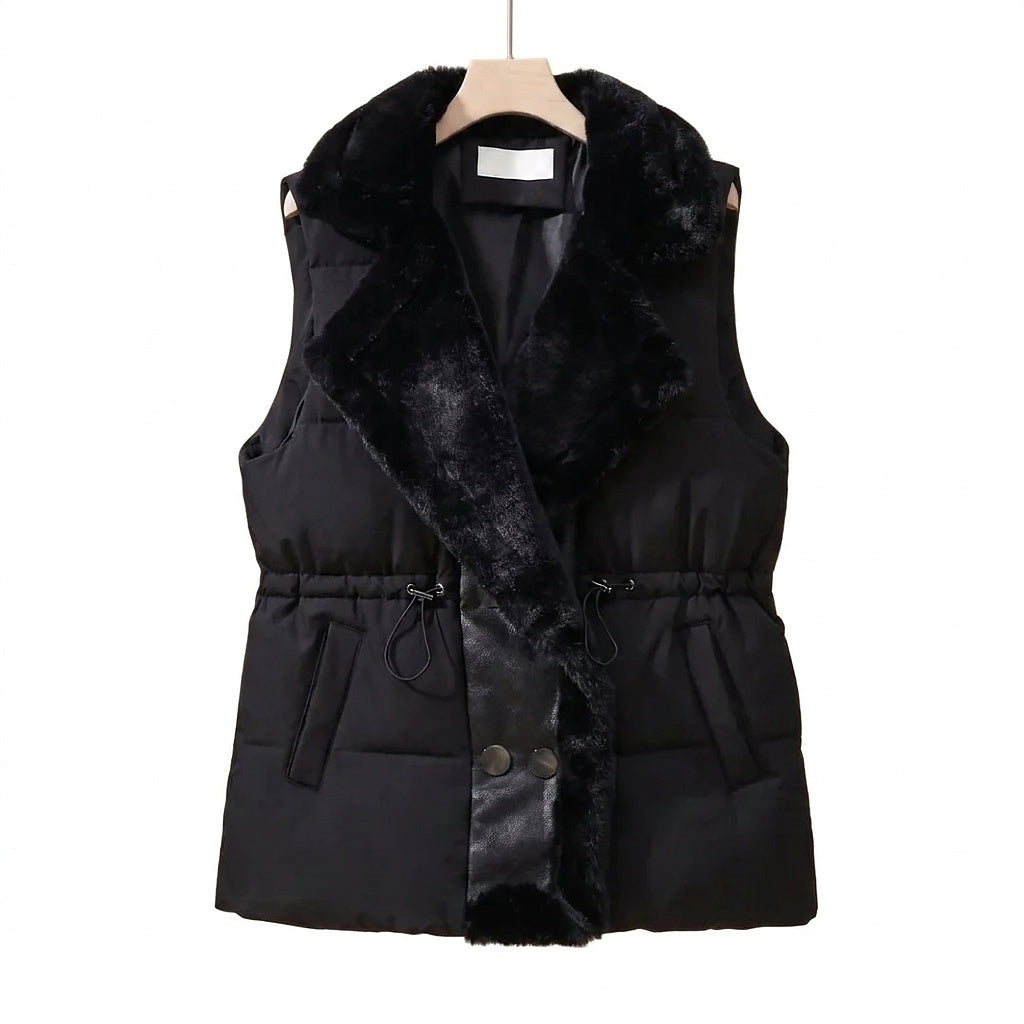 Damen-Steppweste mit Kunstfellkragen und Kordelzug in der Taille-Vests for women-Alpenkind