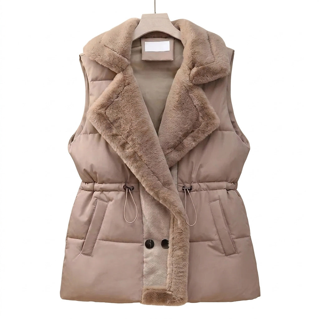 Damen-Steppweste mit Kunstfellkragen und Kordelzug in der Taille-Vests for women-Alpenkind