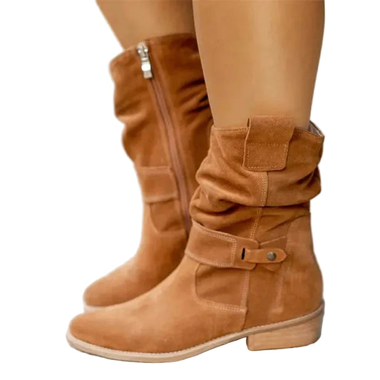 Damen Stiefel mit mittlerer Schafthöhe, Riemendetail und seitlichem Reißverschluss-Footwear for women-Alpenkind