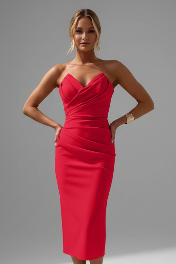 Damen Strapless Wrap-Front Midi Kleid-Midi Dress-Alpenkind