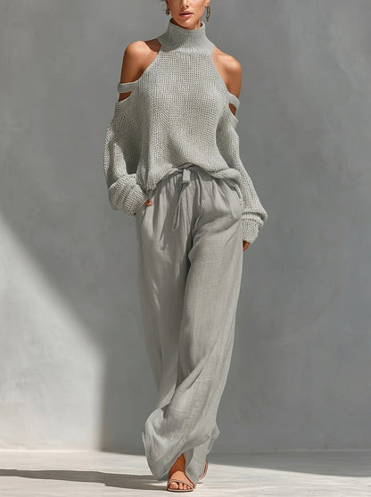 Damen Strick-Set mit Cold-Shoulder-Pullover und weitem Hosenbein-Sets for women-Alpenkind