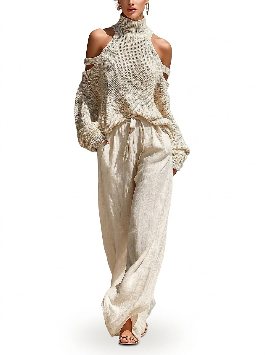 Damen Strick-Set mit Cold-Shoulder-Pullover und weitem Hosenbein-Sets for women-Alpenkind