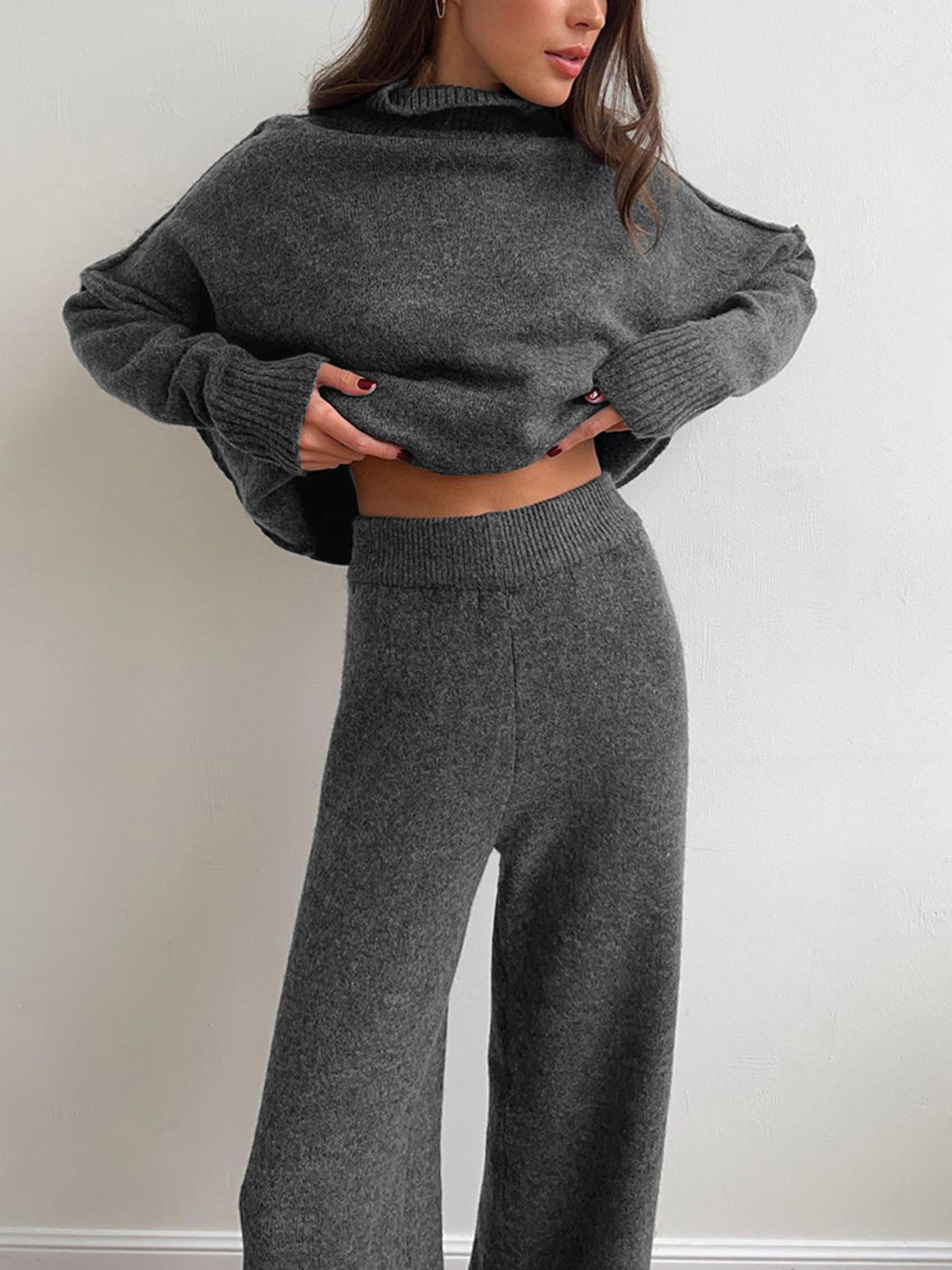Damen Strick-Set mit Rollkragenpullover und weiter Hose-Sets for women-Alpenkind