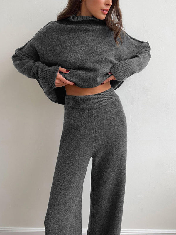 Damen Strick-Set mit Rollkragenpullover und weiter Hose-Sets for women-Alpenkind