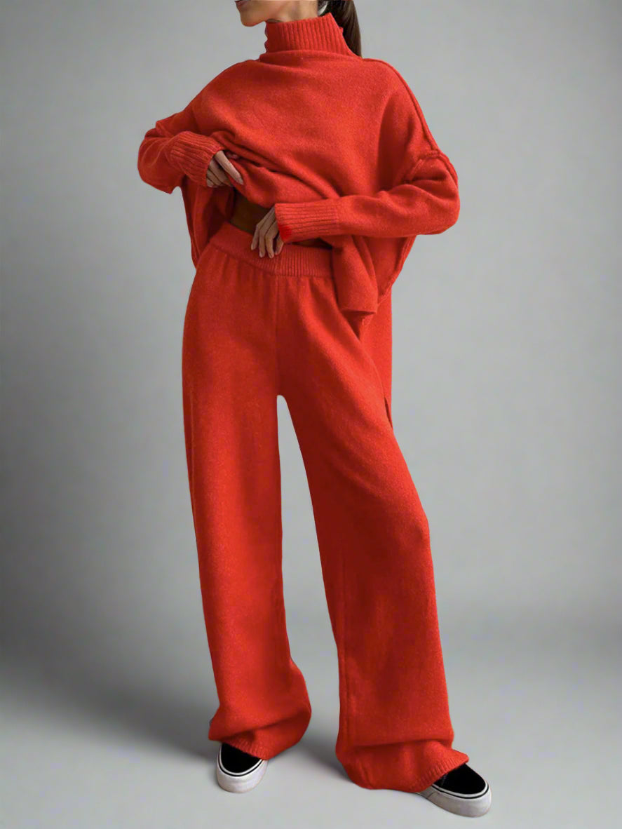 Damen Strick-Set mit Rollkragenpullover und weiter Hose-Sets for women-Alpenkind
