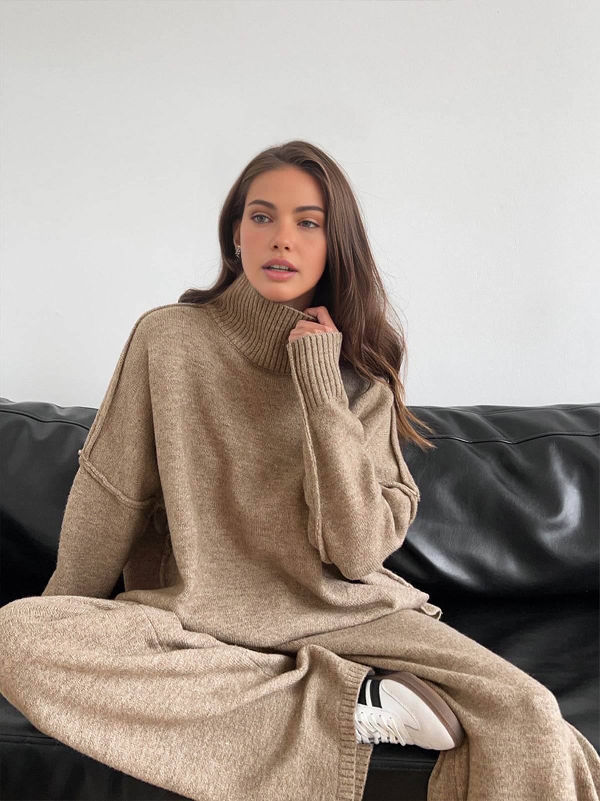 Damen Strick-Set mit Rollkragenpullover und weiter Hose-Sets for women-Alpenkind