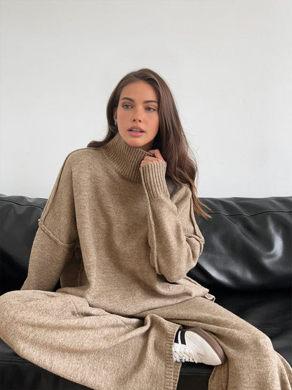 Damen Strick-Set mit Rollkragenpullover und weiter Hose-Sets for women-Alpenkind
