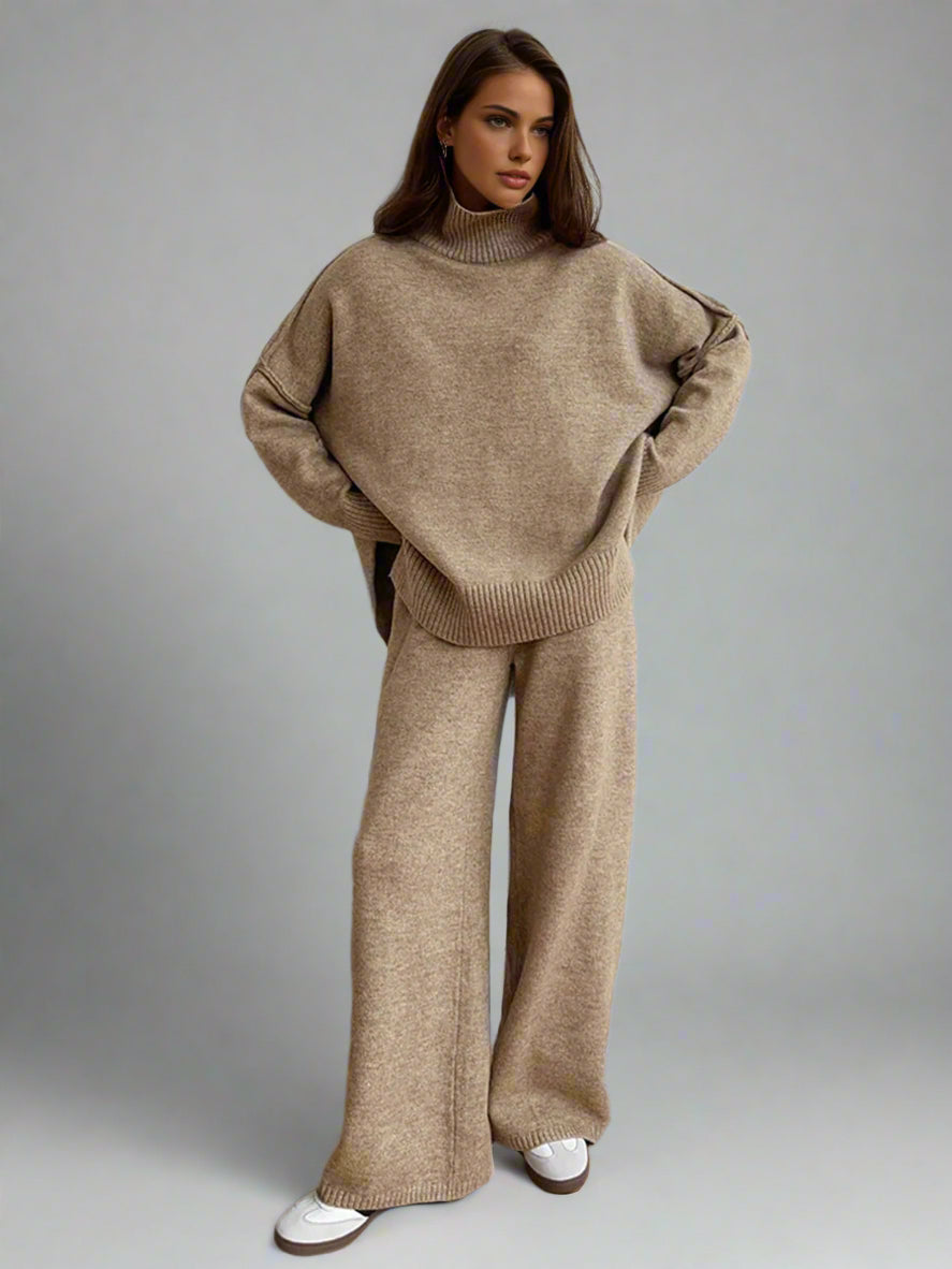 Damen Strick-Set mit Rollkragenpullover und weiter Hose-Sets for women-Alpenkind