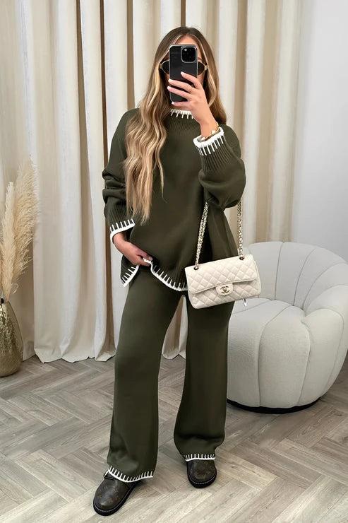 Damen Strick-Zweiteiler mit Langarmoberteil und Hose mit Geradem Bein-Sets for women-Alpenkind