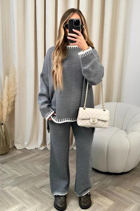 Damen Strick-Zweiteiler mit Langarmoberteil und Hose mit Geradem Bein-Sets for women-Alpenkind