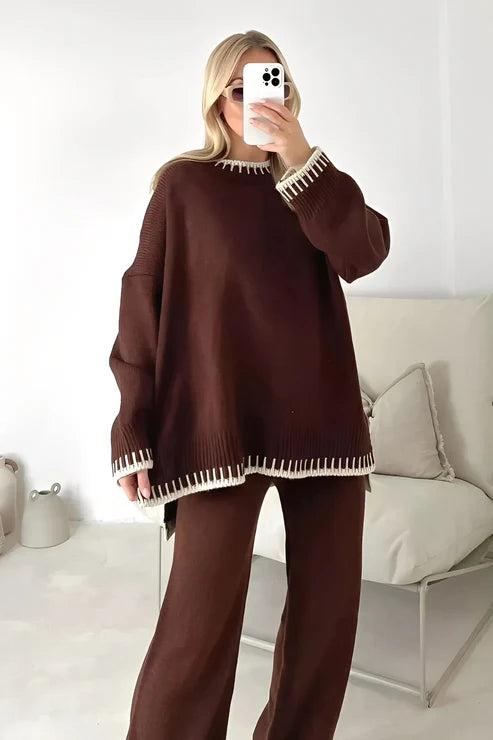 Damen Strick-Zweiteiler mit Langarmoberteil und Hose mit Geradem Bein-Sets for women-Alpenkind