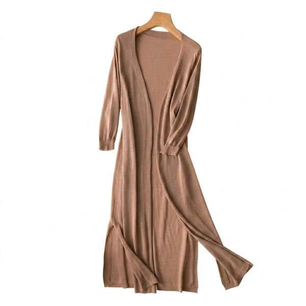 Damen-Strickjacke in langer Form mit offener Vorderseite und Seitenschlitzen-Women cardigans-Alpenkind
