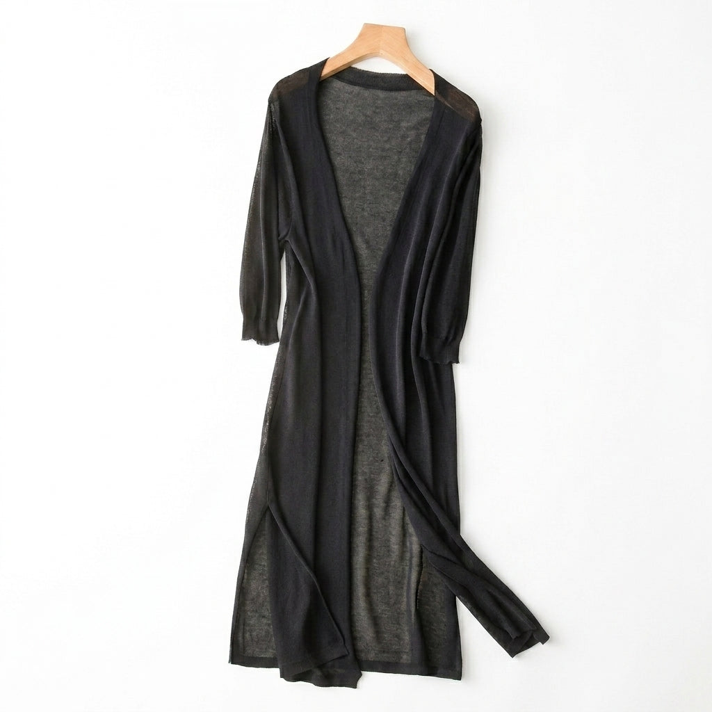 Damen-Strickjacke in langer Form mit offener Vorderseite und Seitenschlitzen-Women cardigans-Alpenkind