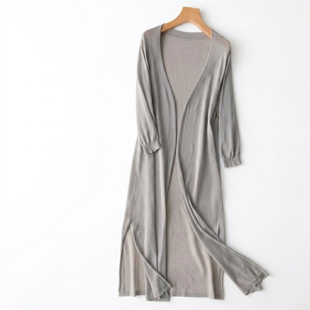 Damen-Strickjacke in langer Form mit offener Vorderseite und Seitenschlitzen-Women cardigans-Alpenkind