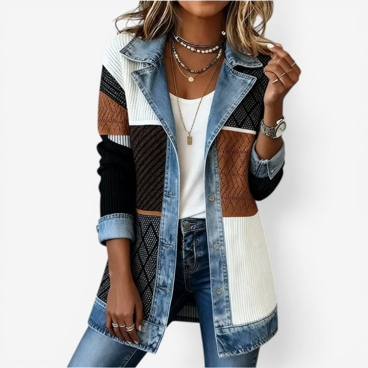 Damen-Strickjacke mit Rippenstruktur und Denim-Besatz-Jacket for women-Alpenkind