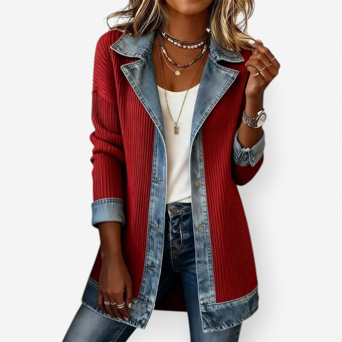 Damen-Strickjacke mit Rippenstruktur und Denim-Besatz-Jacket for women-Alpenkind