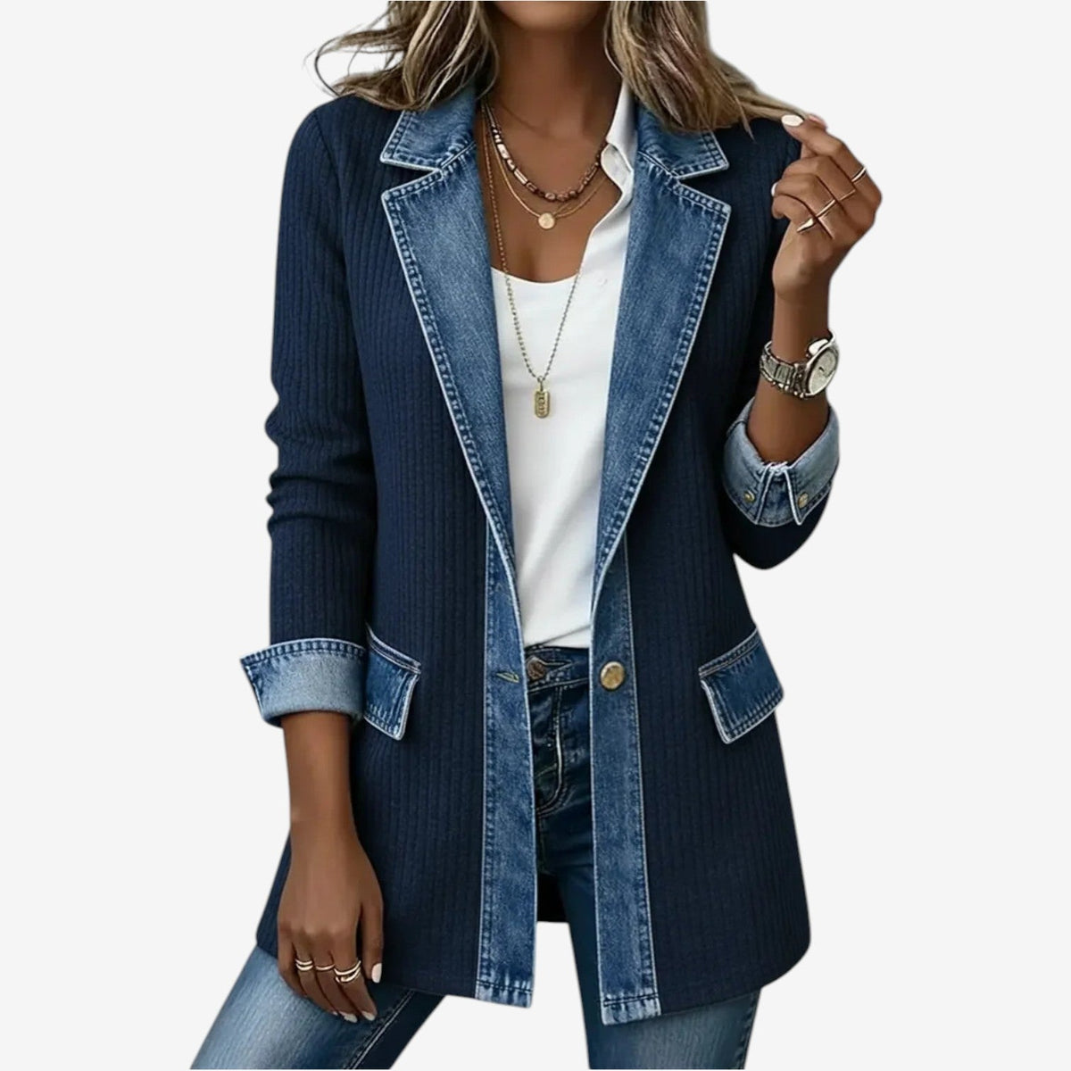Damen-Strickjacke mit Rippenstruktur und Denim-Besatz-Jacket for women-Alpenkind