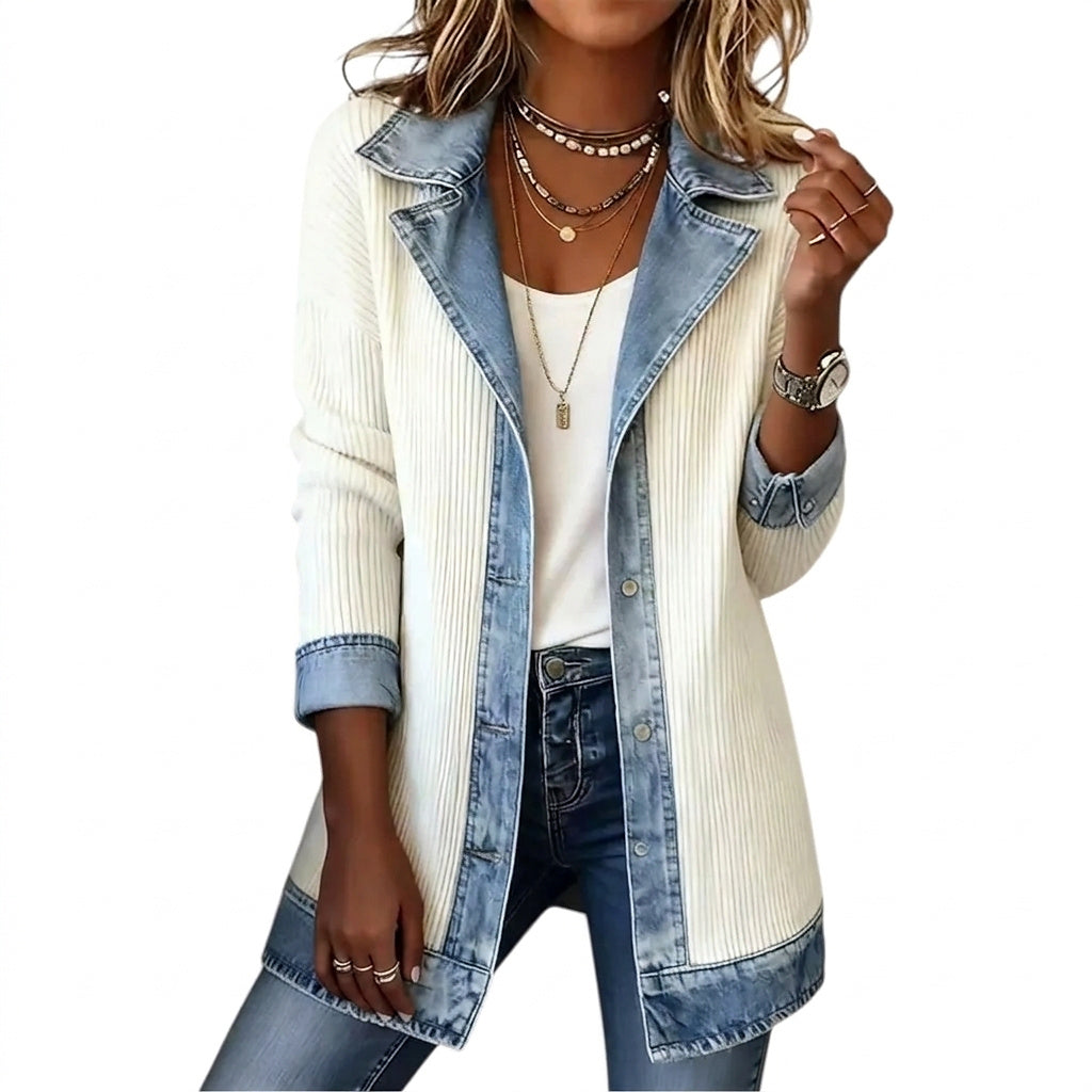 Damen-Strickjacke mit Rippenstruktur und Denim-Besatz-Jacket for women-Alpenkind