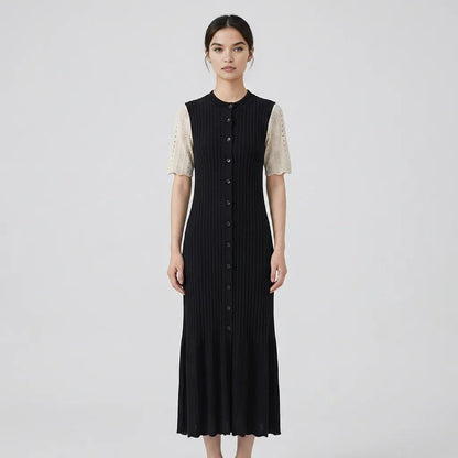 Damen-Strickkleid mit Kragen und Knopfleiste-Midi Dress-Alpenkind