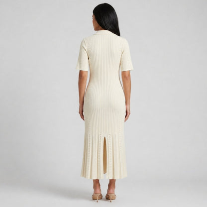 Damen-Strickkleid mit Kragen und Knopfleiste-Midi Dress-Alpenkind