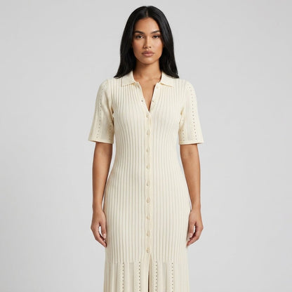 Damen-Strickkleid mit Kragen und Knopfleiste-Midi Dress-Alpenkind