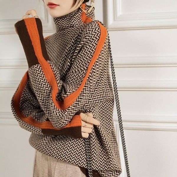 Damen-Strickpullover mit Fischgrätmuster und Kontraststreifen-Sweaters for Women-Alpenkind