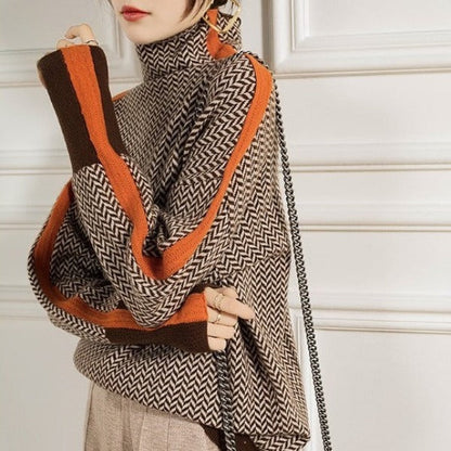 Damen-Strickpullover mit Fischgrätmuster und Kontraststreifen-Sweaters for Women-Alpenkind