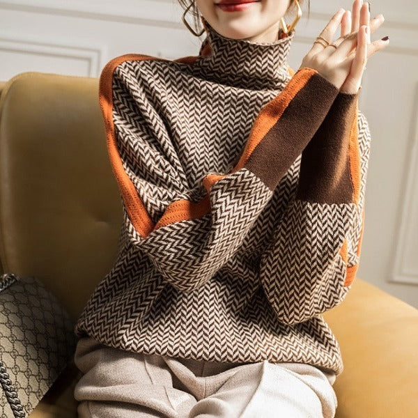 Damen-Strickpullover mit Fischgrätmuster und Kontraststreifen-Sweaters for Women-Alpenkind
