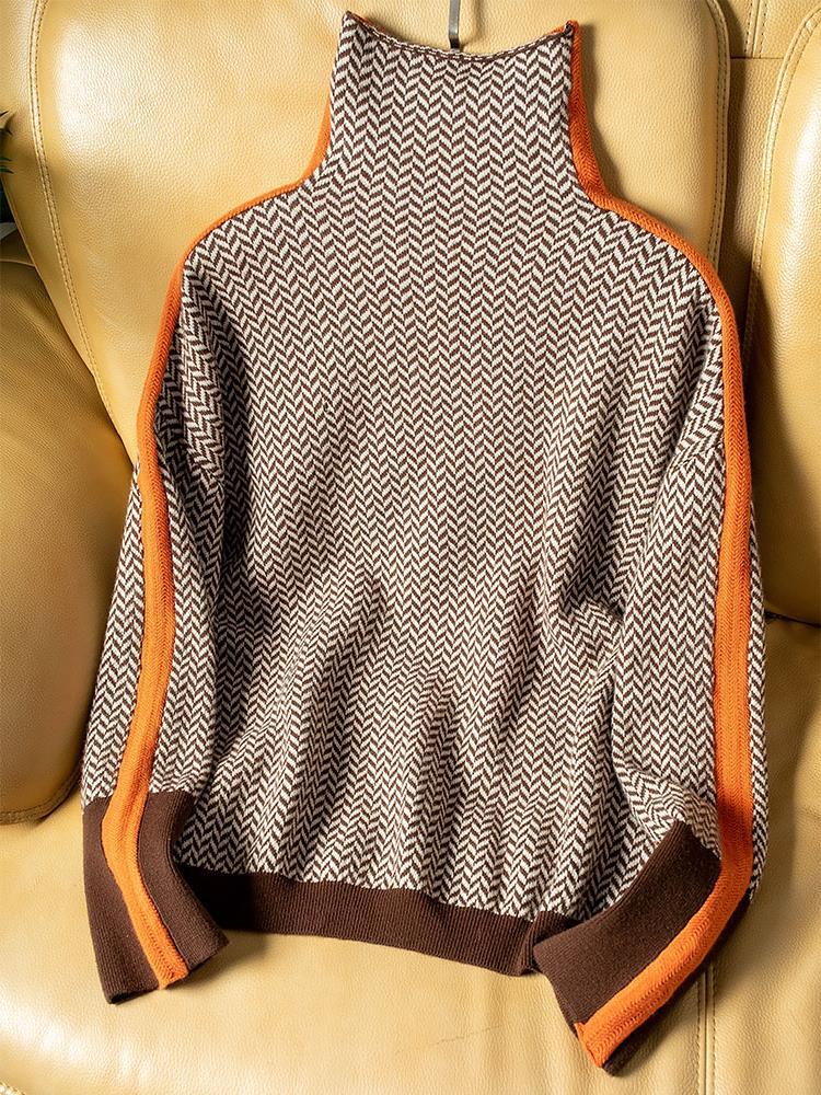 Damen-Strickpullover mit Fischgrätmuster und Kontraststreifen-Sweaters for Women-Alpenkind