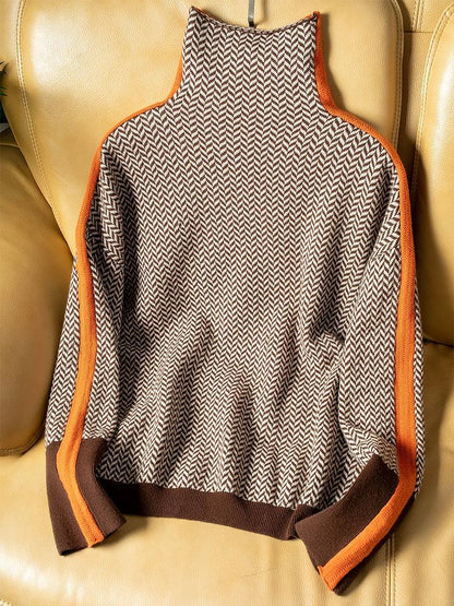 Damen-Strickpullover mit Fischgrätmuster und Kontraststreifen-Sweaters for Women-Alpenkind