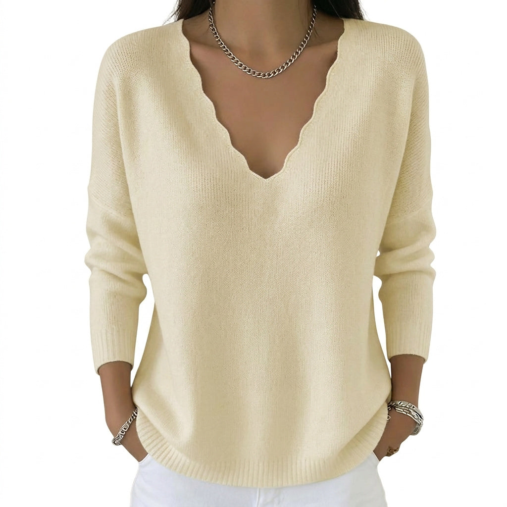 Damen-Strickpullover mit gewelltem V-Ausschnitt-Sweaters for Women-Alpenkind