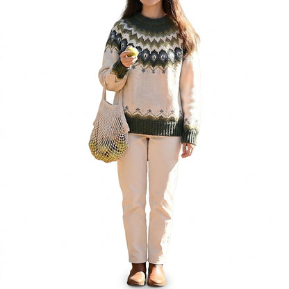 Damen-Strickpullover mit Jacquard-Muster, Rundhalsausschnitt und langen Ärmeln-Sweaters for Women-Alpenkind