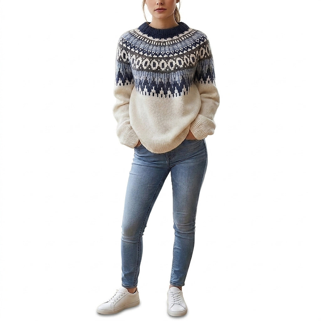Damen-Strickpullover mit Jacquard-Muster, Rundhalsausschnitt und langen Ärmeln-Sweaters for Women-Alpenkind