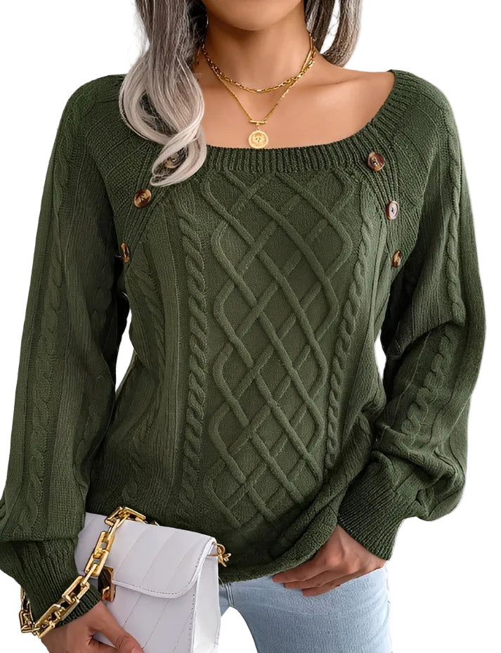 Damen Strickpullover mit Zopfmuster und Knopfdetails-Women Sweaters-Alpenkind