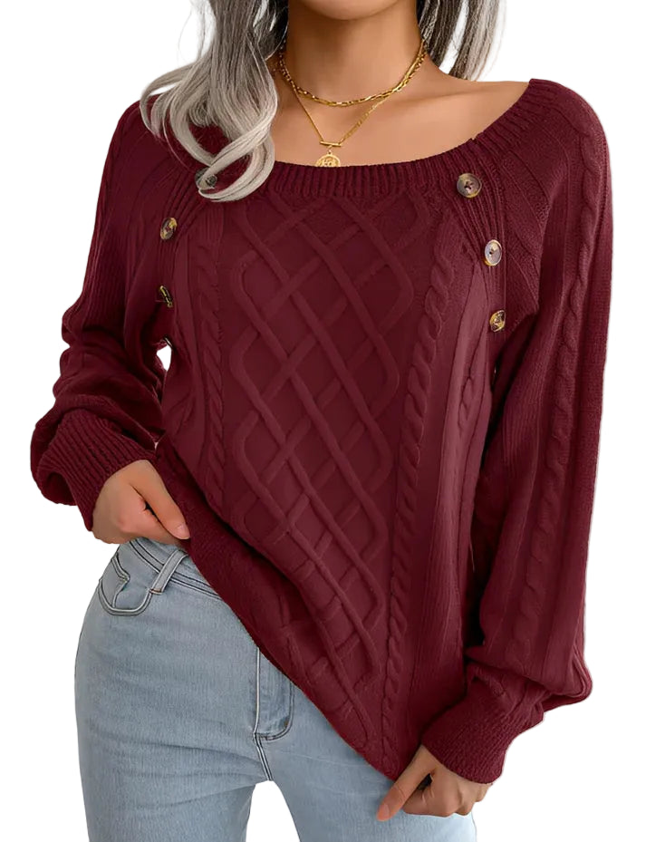 Damen Strickpullover mit Zopfmuster und Knopfdetails-Women Sweaters-Alpenkind