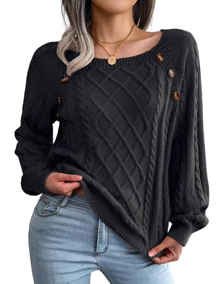 Damen Strickpullover mit Zopfmuster und Knopfdetails-Women Sweaters-Alpenkind