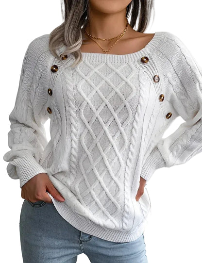 Damen Strickpullover mit Zopfmuster und Knopfdetails-Women Sweaters-Alpenkind