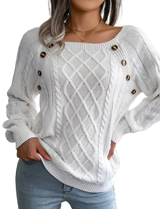 Damen Strickpullover mit Zopfmuster und Knopfdetails-Women Sweaters-Alpenkind