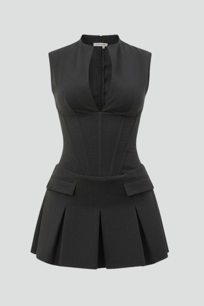 Damen strukturiertes Minikleid mit ärmellosem Schnitt und Faltenrock-Mini Dress-Alpenkind