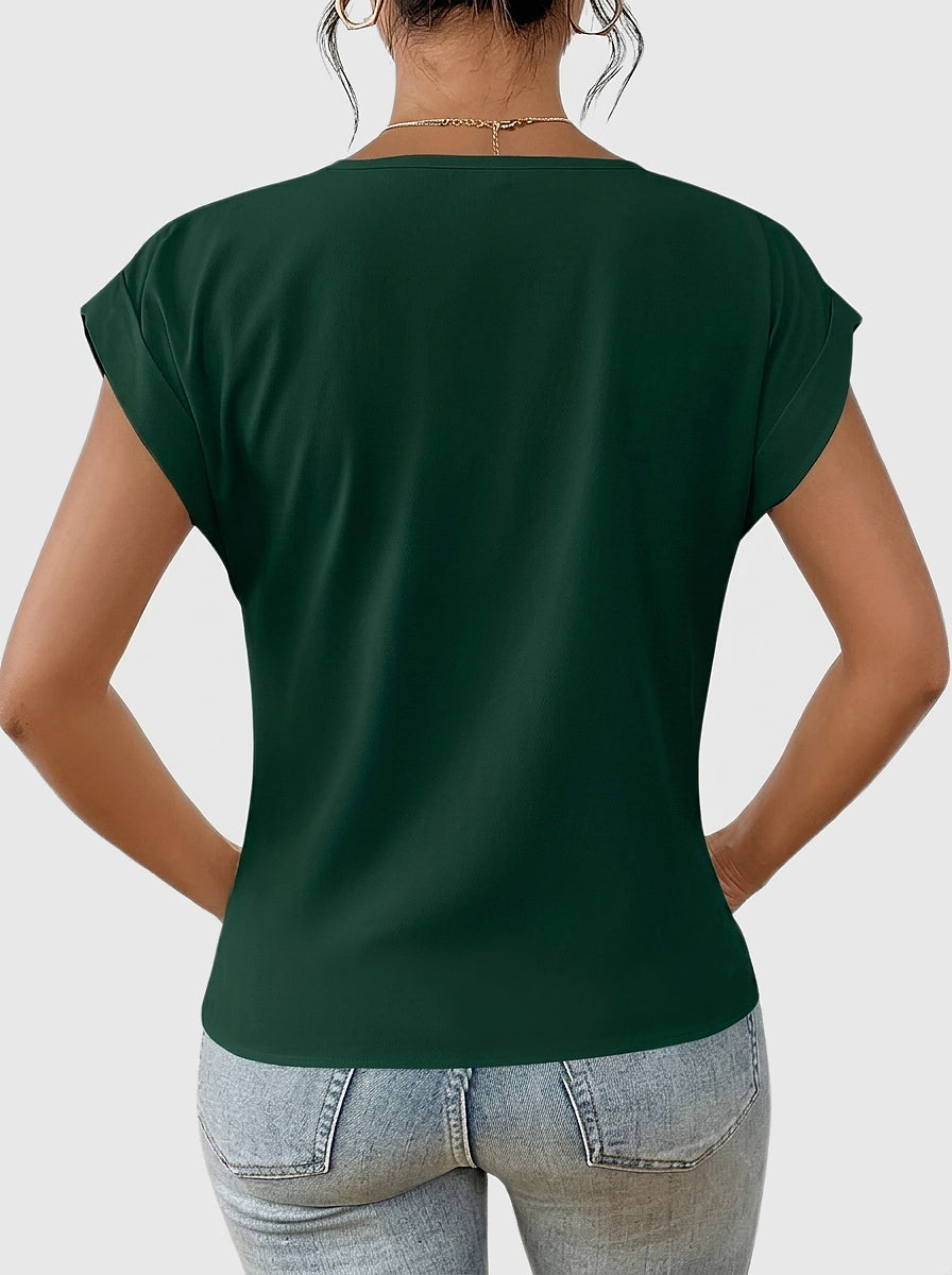 Damen-T-Shirt mit V-Ausschnitt, gekrempelten Ärmeln und Knotendetail-T-shirt for women-Alpenkind