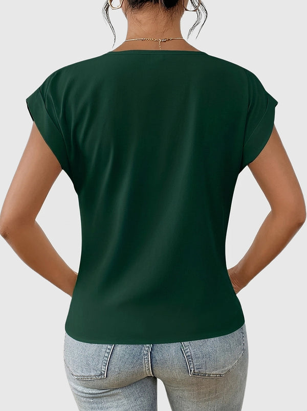 Damen-T-Shirt mit V-Ausschnitt, gekrempelten Ärmeln und Knotendetail-T-shirt for women-Alpenkind