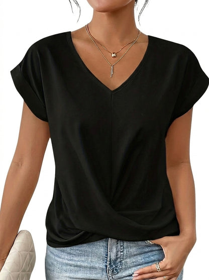 Damen-T-Shirt mit V-Ausschnitt, gekrempelten Ärmeln und Knotendetail-T-shirt for women-Alpenkind