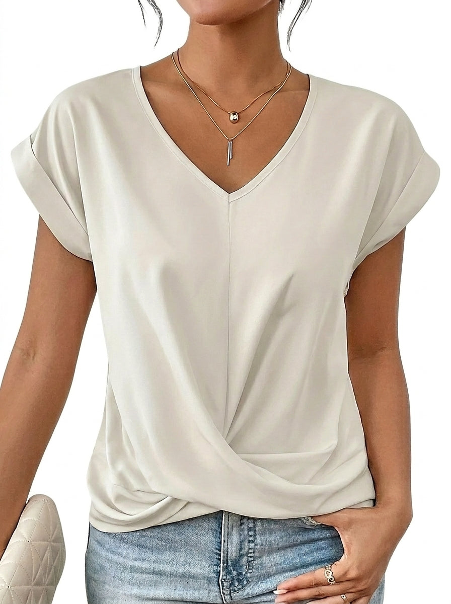 Damen-T-Shirt mit V-Ausschnitt, gekrempelten Ärmeln und Knotendetail-T-shirt for women-Alpenkind