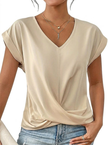 Damen-T-Shirt mit V-Ausschnitt, gekrempelten Ärmeln und Knotendetail-T-shirt for women-Alpenkind