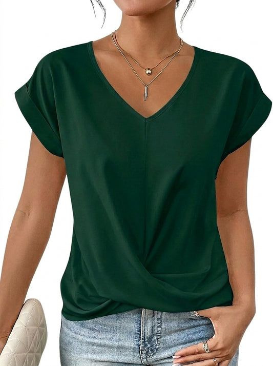 Damen-T-Shirt mit V-Ausschnitt, gekrempelten Ärmeln und Knotendetail-T-shirt for women-Alpenkind
