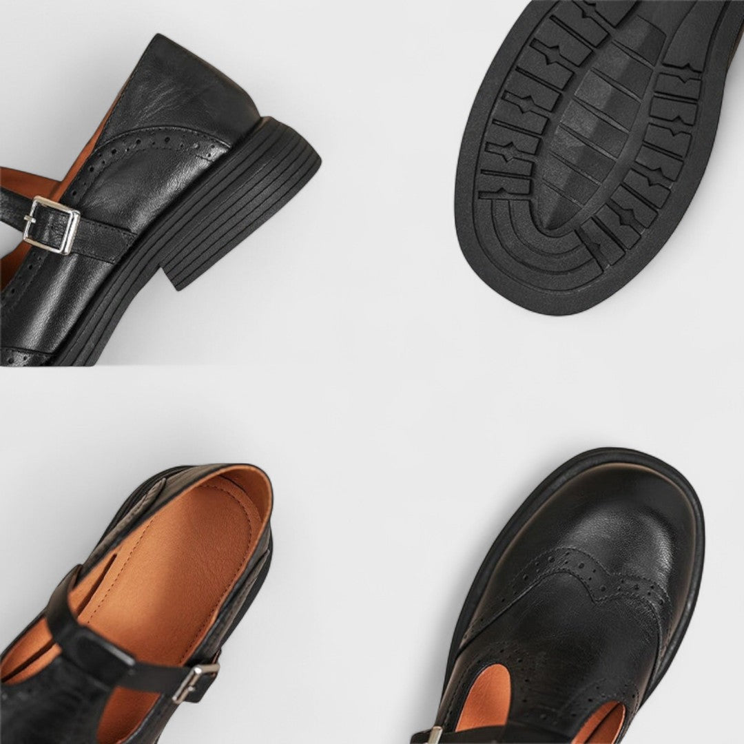 Damen-T-Spangen-Schuhe mit Flügelkappe und Brogue-Verzierungen-Footwear for women-Alpenkind