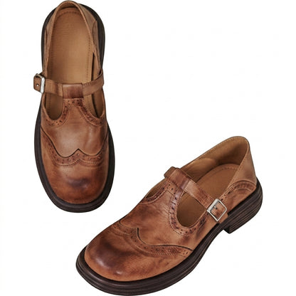 Damen-T-Spangen-Schuhe mit Flügelkappe und Brogue-Verzierungen-Footwear for women-Alpenkind