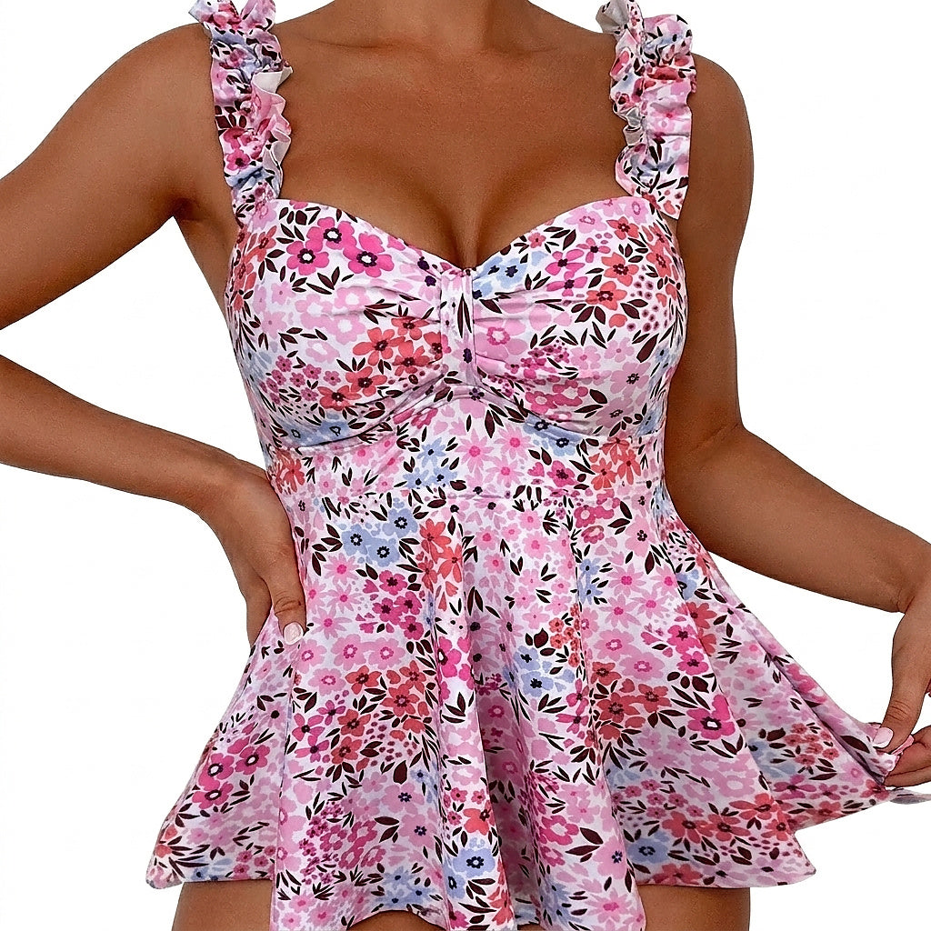 Damen-Tankini-Oberteil mit Blumenmuster und Rüschen-Swimwear for Women-Alpenkind