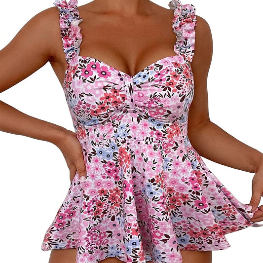 Damen-Tankini-Oberteil mit Blumenmuster und Rüschen-Swimwear for Women-Alpenkind